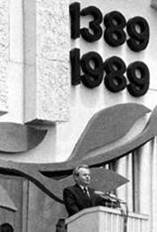 Sobodan Milosovic, the Serbian president, gives a speech at the Kosovo battlefield where on June 28,1389 the Serbs were defeated by the Ottoman Turks. 